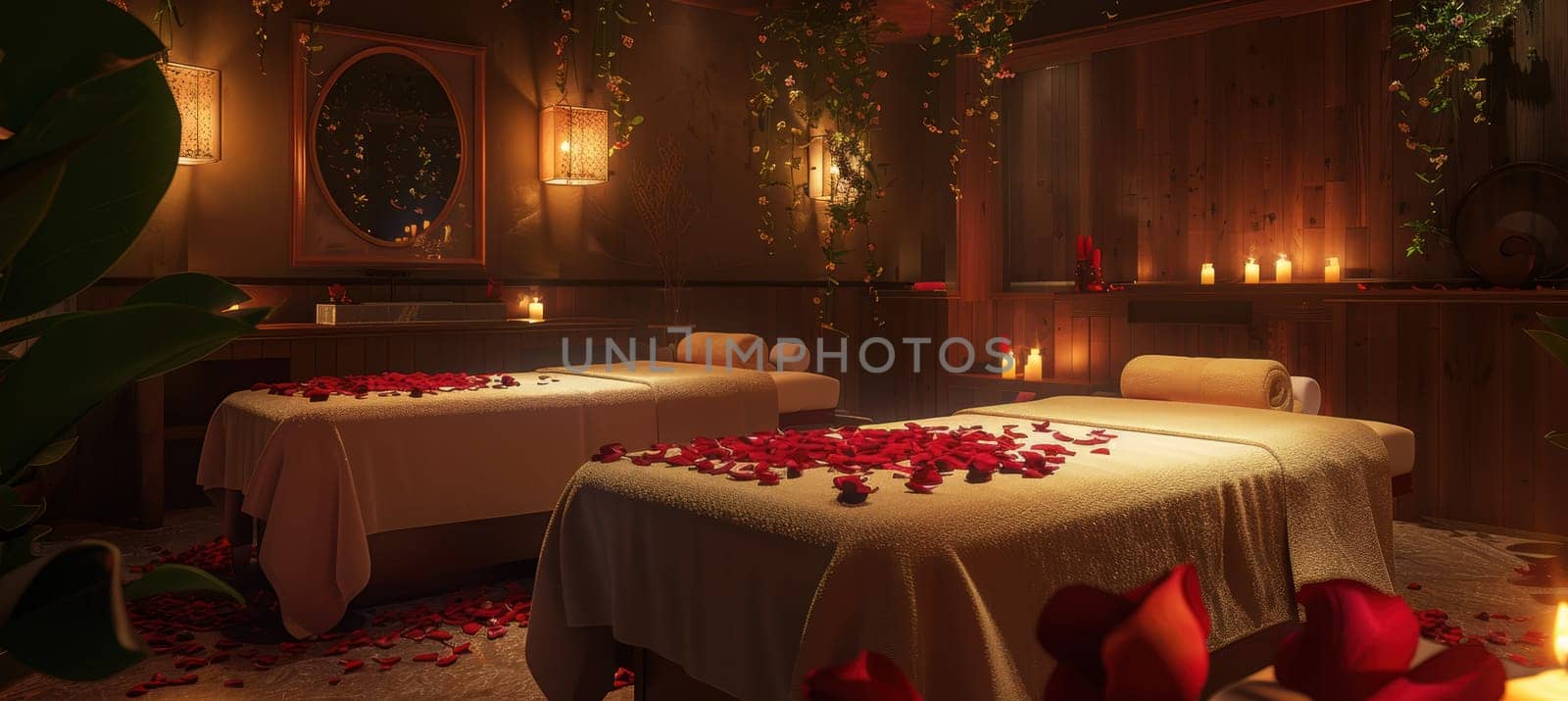 A serene spa room designed for a couple's retreat, featuring massage tables adorned with red rose petals, soft ambient lighting, and elegant candles, creating a perfect setting for romance and relaxation.