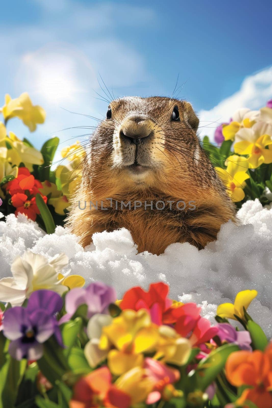 A playful groundhog day card featuring a perplexed groundhog surrounded by snow and vibrant flowers. the design offers a cheerful and whimsical contrast, perfect for adding a witty greeting.
