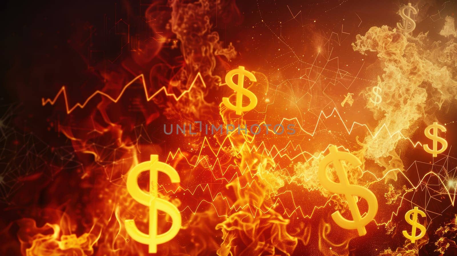 Financial concept art depicting large flames and dollar signs intertwined with graphs, symbolizing the dynamic nature of business risks and rewards. the fiery imagery conveys intensity and volatility.