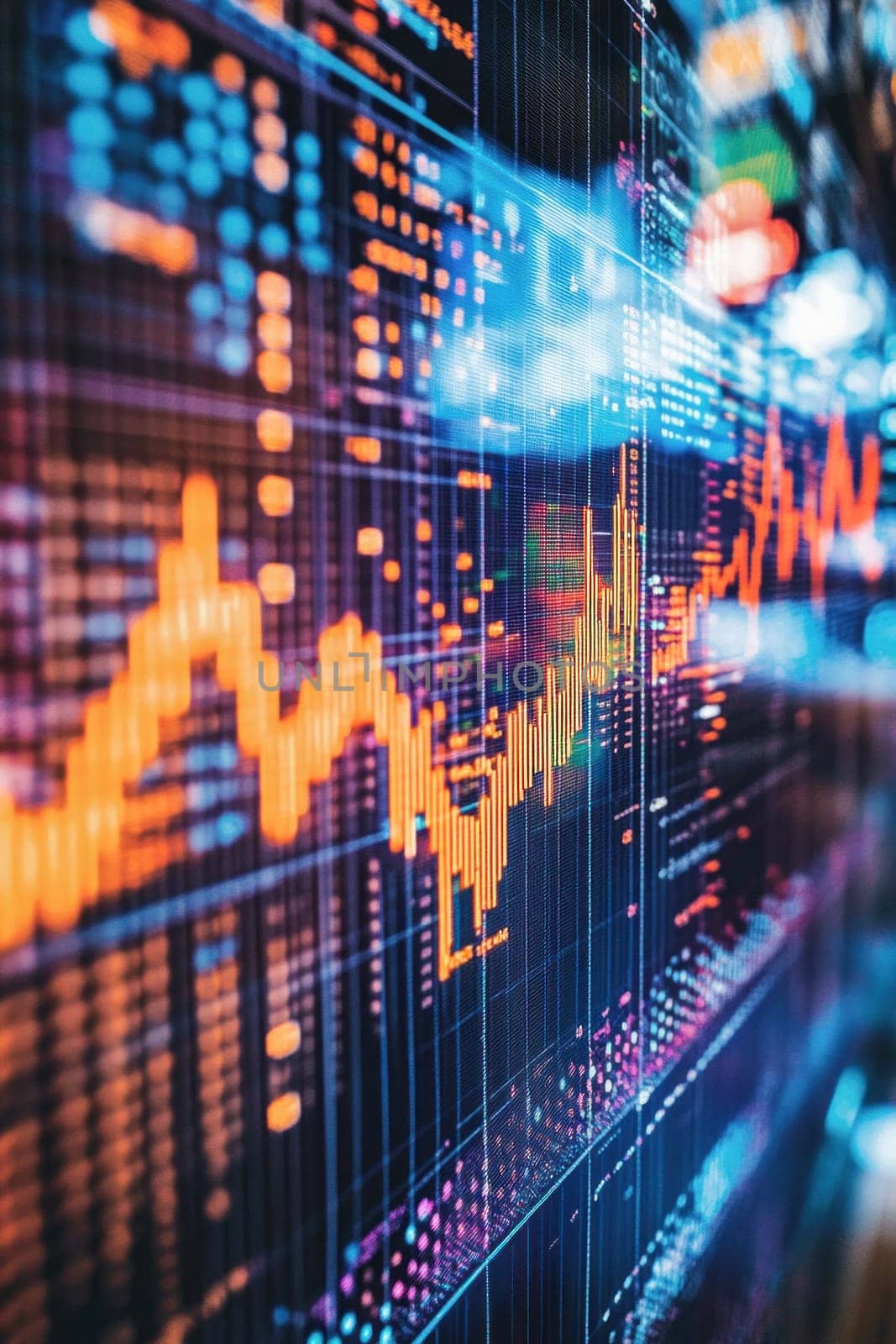 Stock market data graph showing increase in stock value on monitor screen in perspective