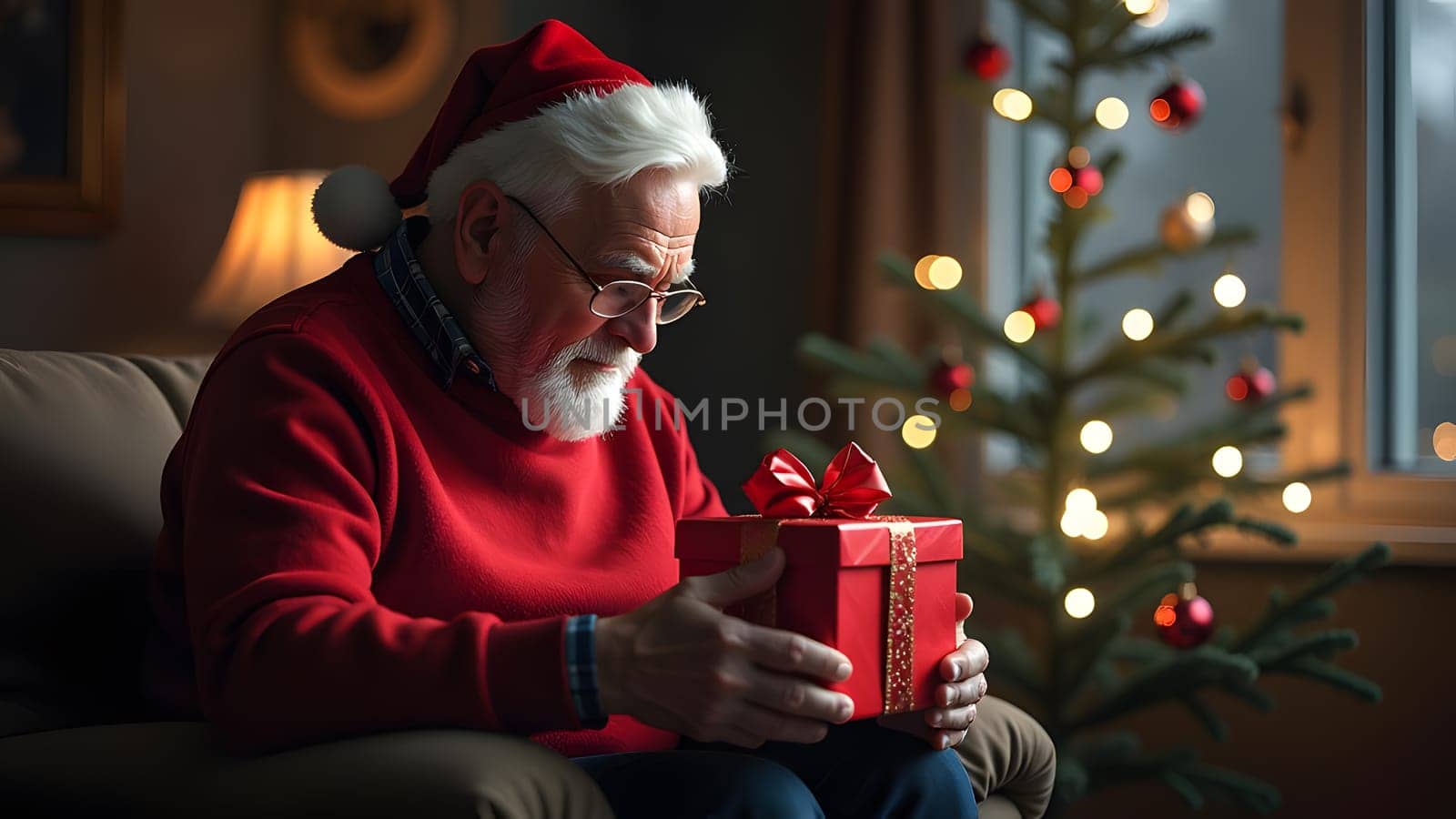 santa clause preparing gifts against festive background, generative ai. High quality photo