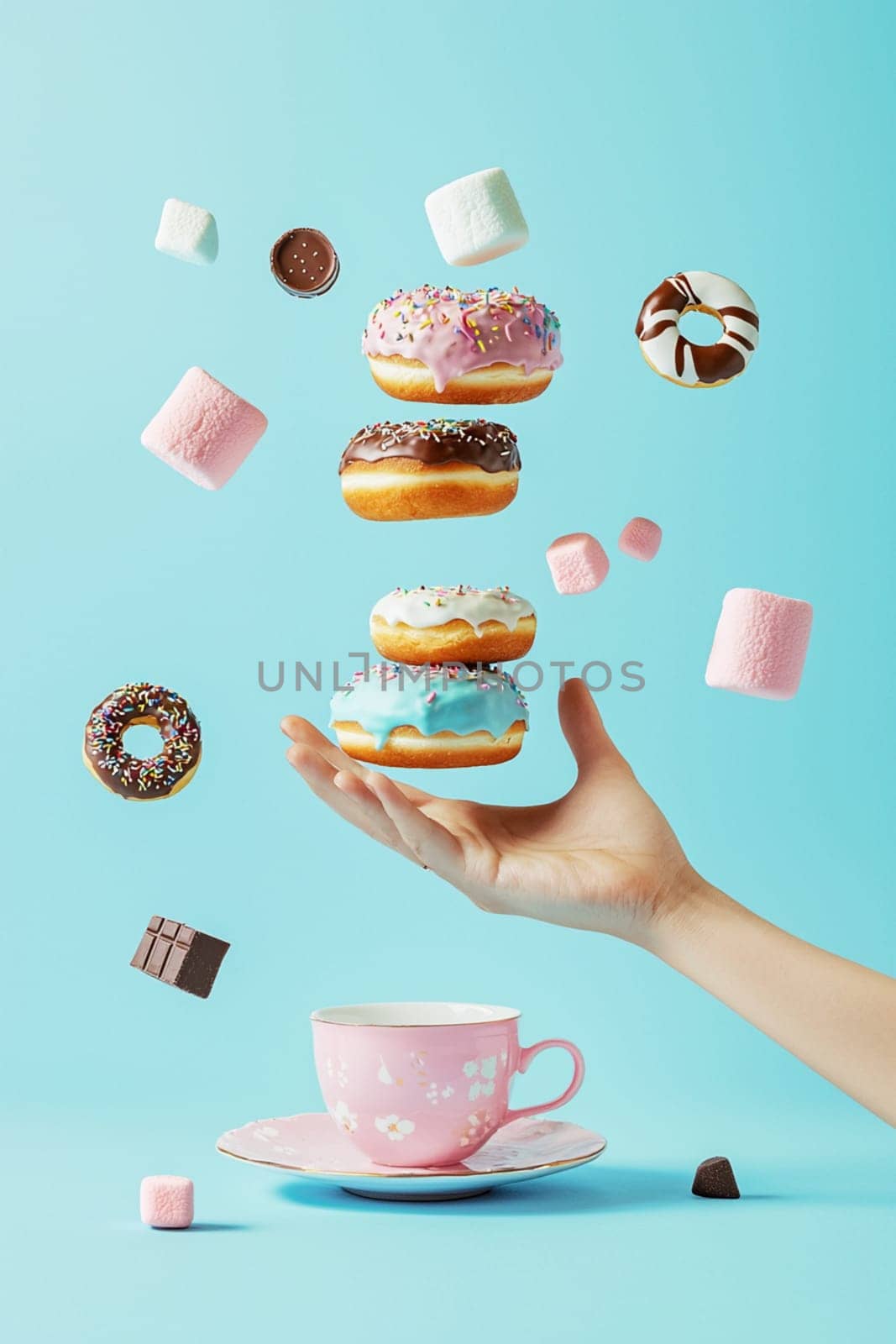 Hand holding a cup and saucer with floating donuts and marshmallows above it on a blue background. This whimsical image is perfect for advertising or social media