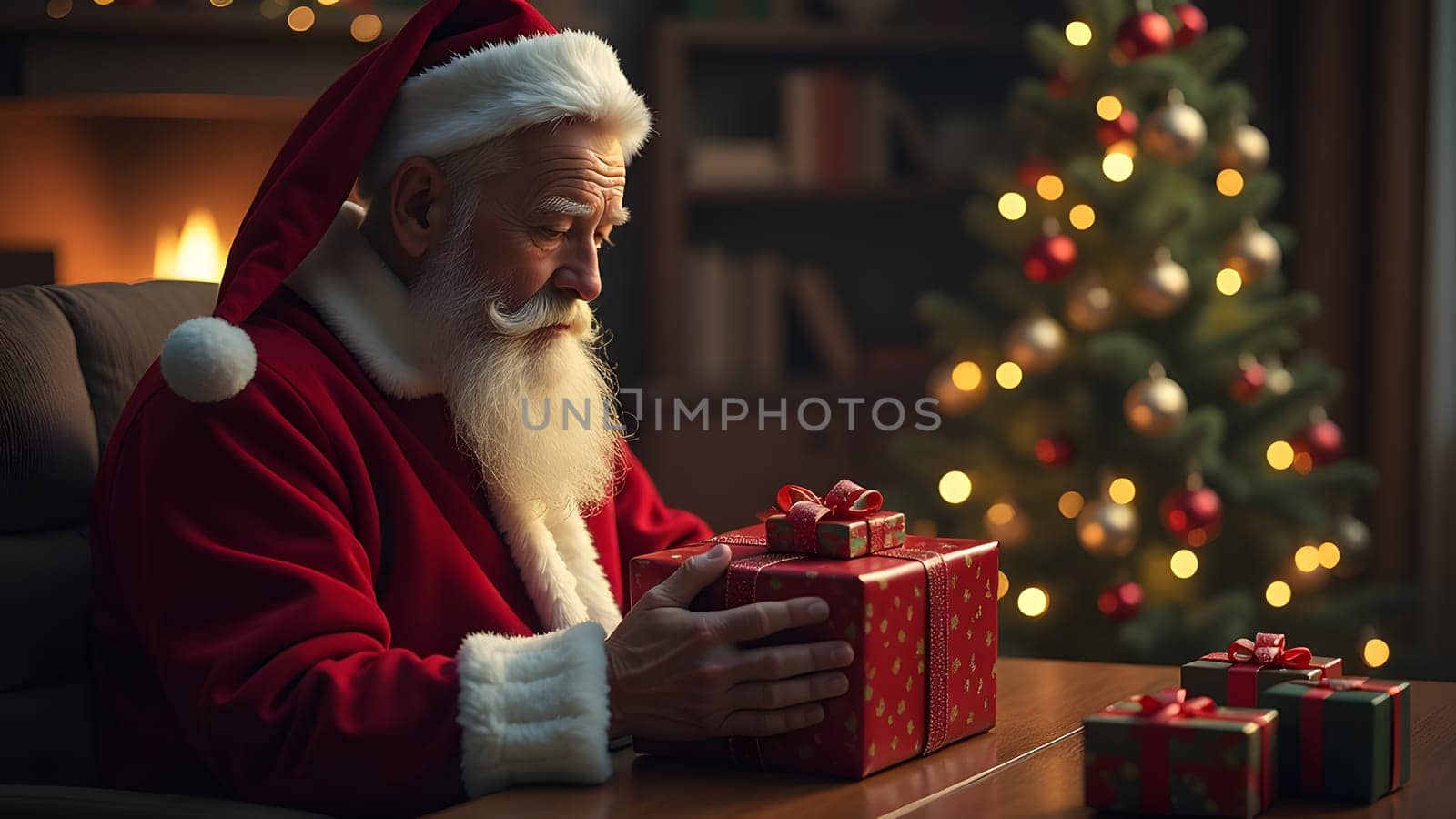santa clause preparing gifts against festive background, generative ai. High quality photo