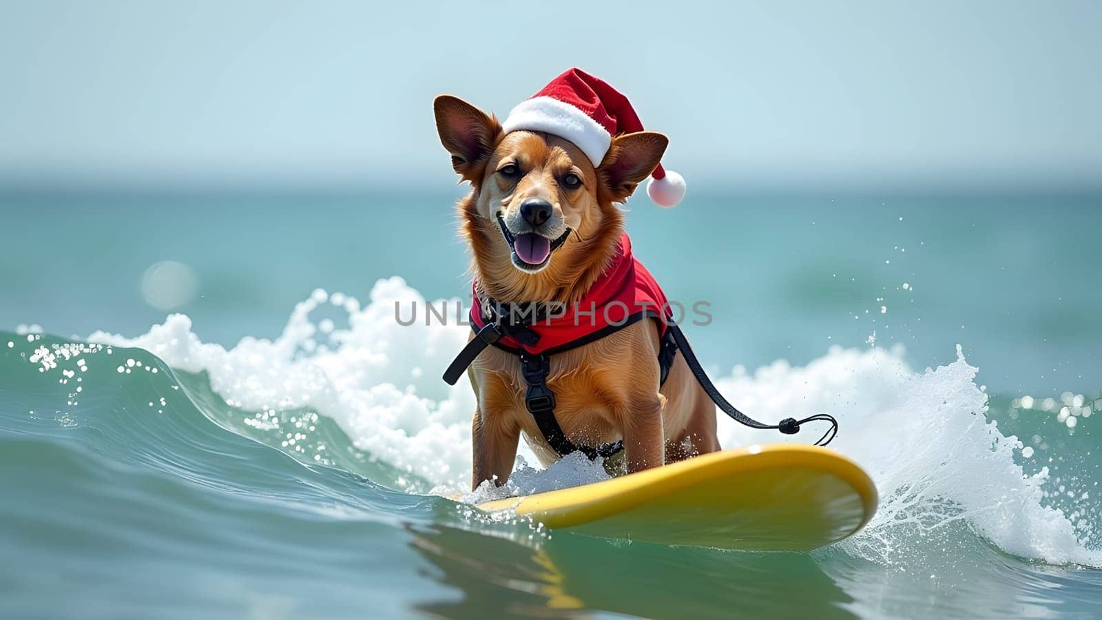 Cute dog surfing wearing christmas hat, generative ai. High quality photo
