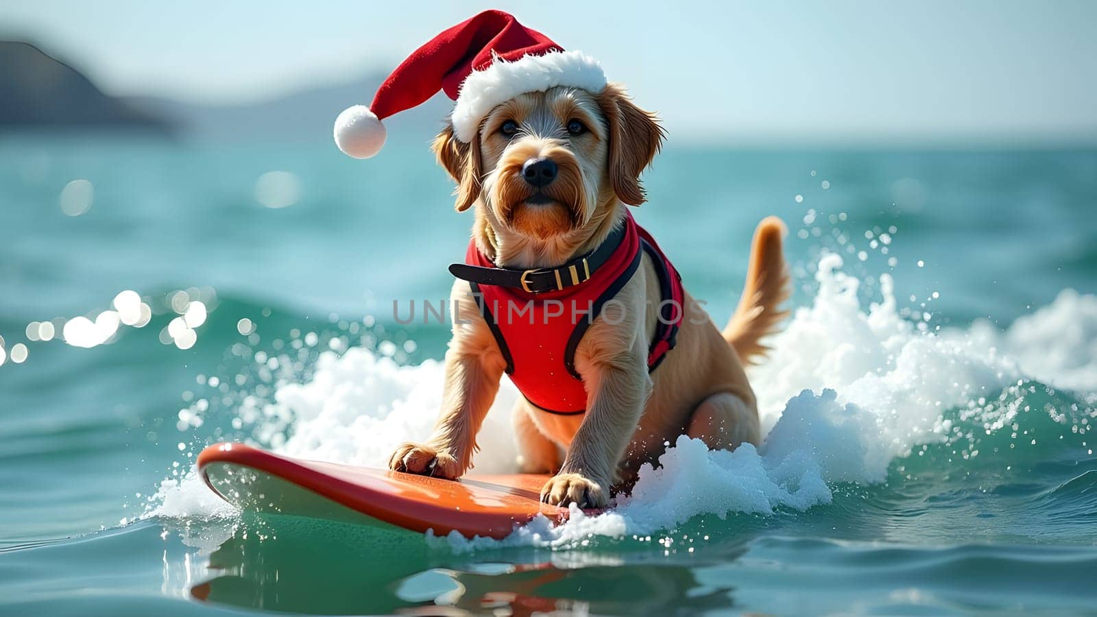 Cute dog surfing wearing christmas hat, generative ai. High quality photo