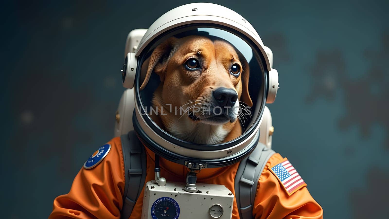 cute dog cosmonaut in a spacesuit portrait, generative ai. High quality photo