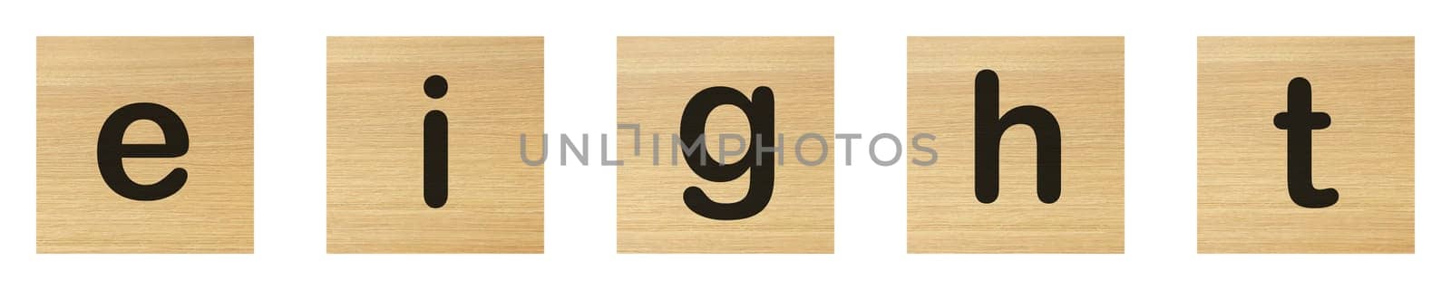 Eight word with wood blocks on white