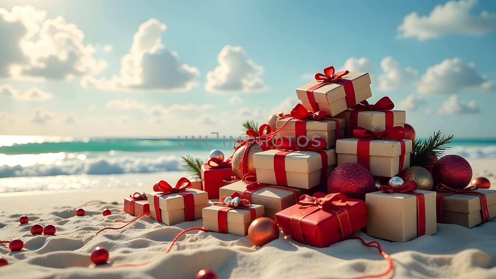 pile of christmas gifts on the beach, generative ai. High quality photo