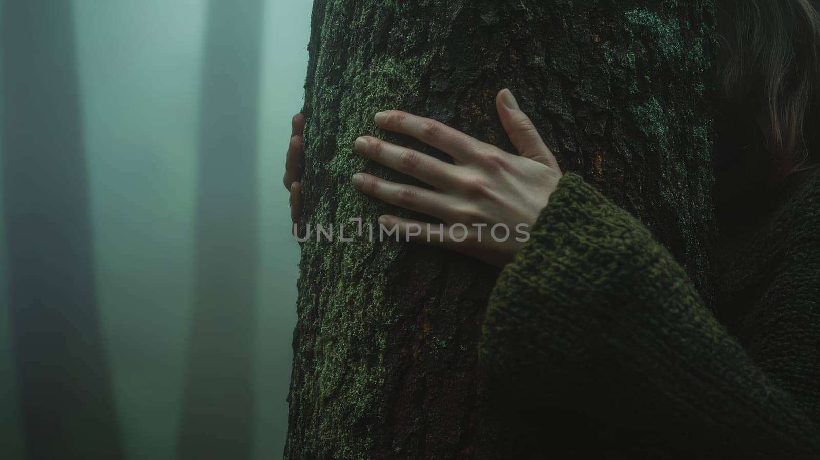 Person hugging tree in misty forest, nature connection concept.