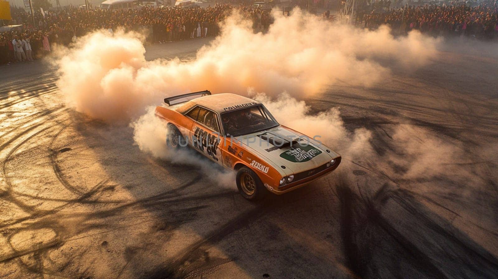 Powerful sports cars race through city streets at sunset, leaving a trail of smoke, thrilling spectators with high speed action