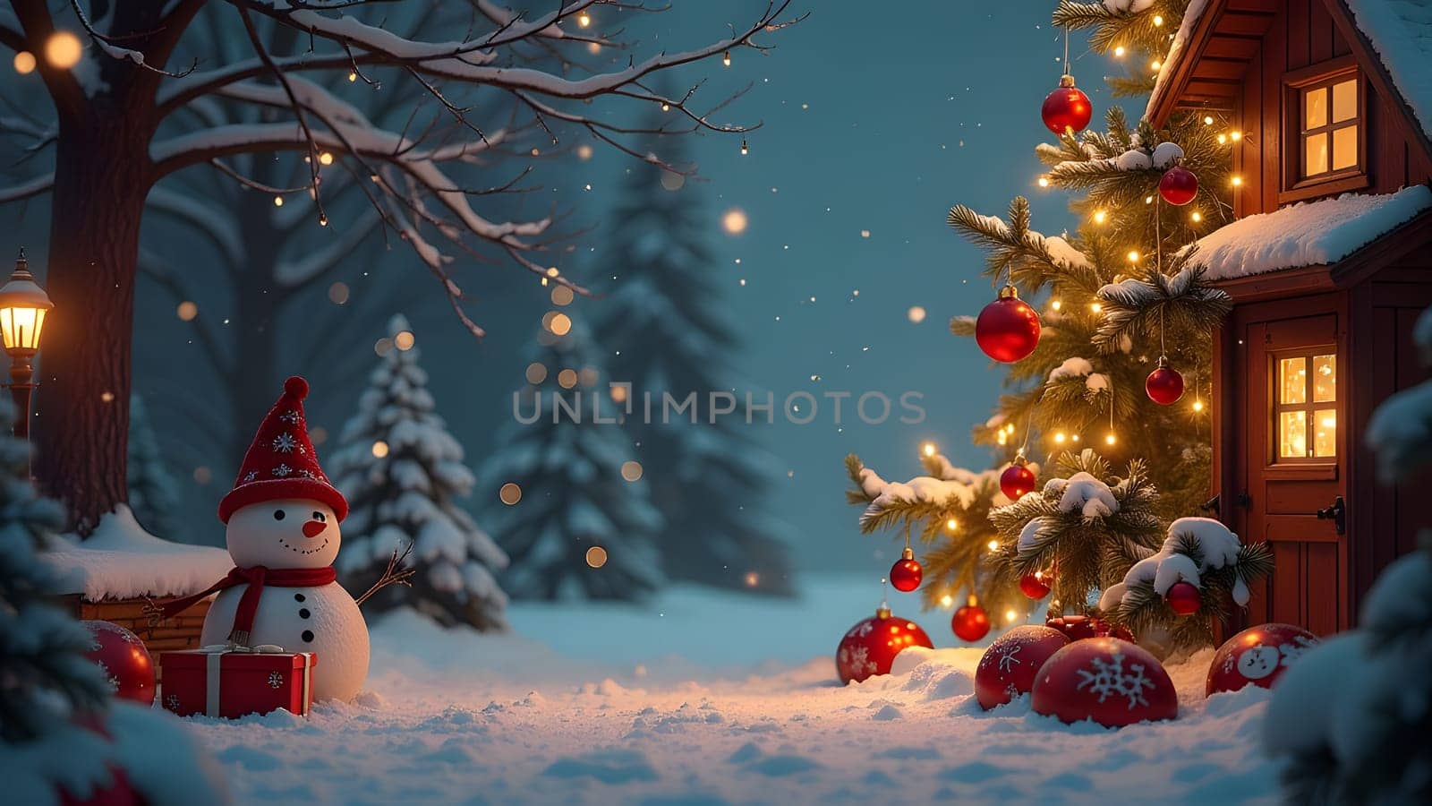 Festive christmas background with chalet and fir trees, generative ai. High quality photo