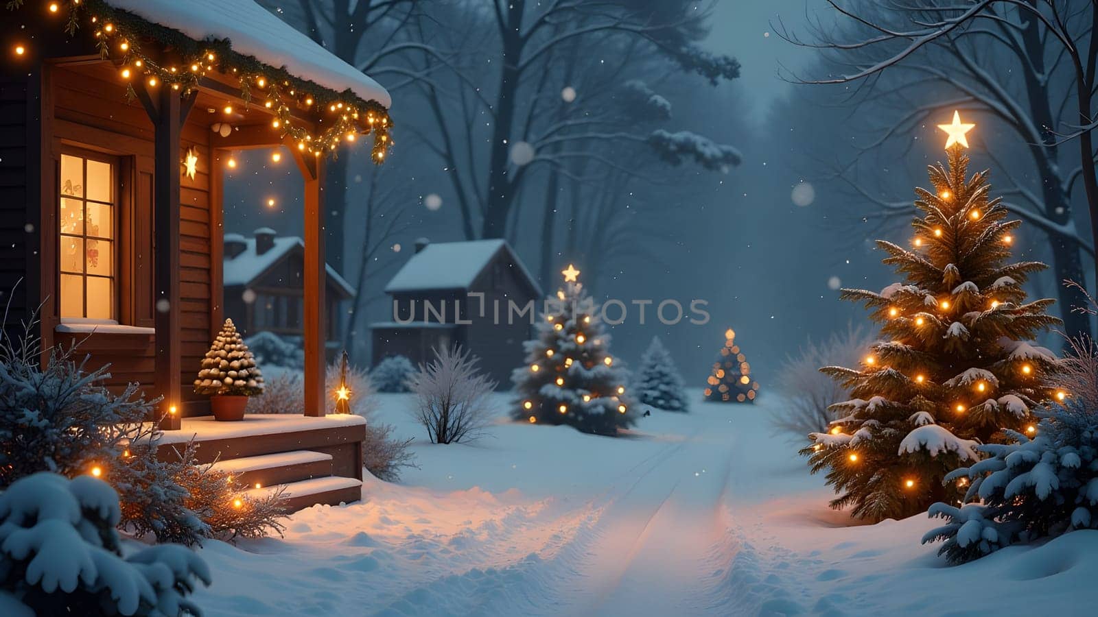 Festive christmas background with chalet and fir trees, generative ai. High quality photo