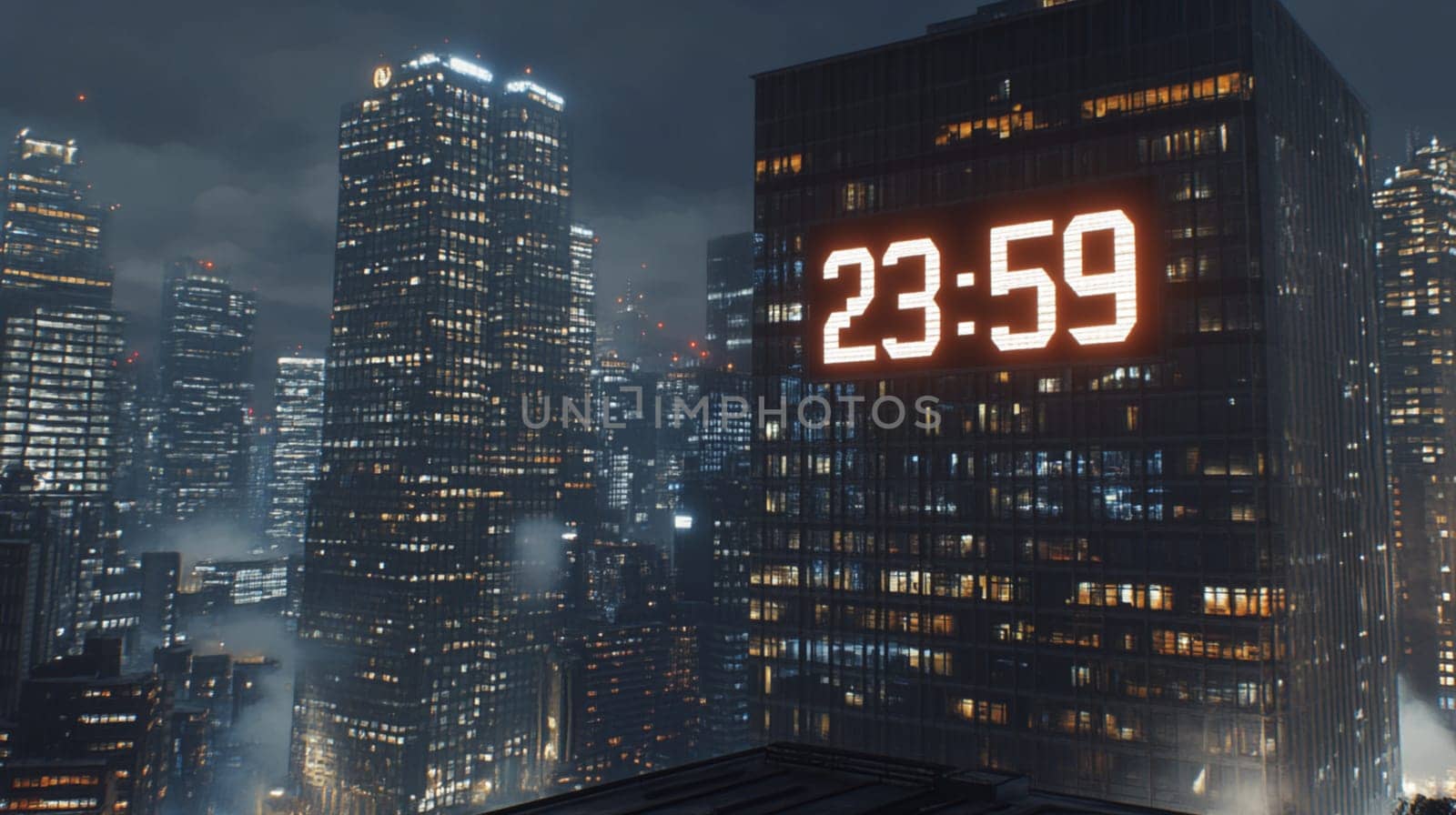 Night falls over the city, a digital clock on a skyscraper displays 23,59, creating a futuristic atmosphere. The countdown symbolizes deadlines and the urgency of time management