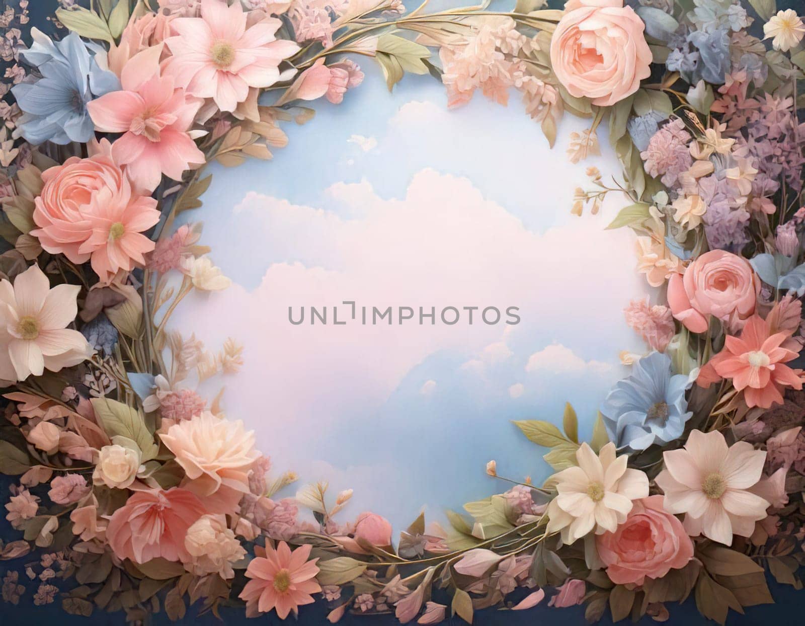 Breathtaking Beauty of Spring. Special Occasion Floral Template. Pastel Colors and Blank Space Floral Frame. Perfect Design for Invitations, Special Occasions and Celebrations. A delicate floral frame designed in soft pastel tones provides the perfect backdrop for invitations, cards, announcements or congratulatory messages. Featuring vibrantly colored flowers, this elegant yet simple design includes a large blank space in the center for adding text. Perfect for special occasions, wedding invitations, birthday cards or social media sharing.