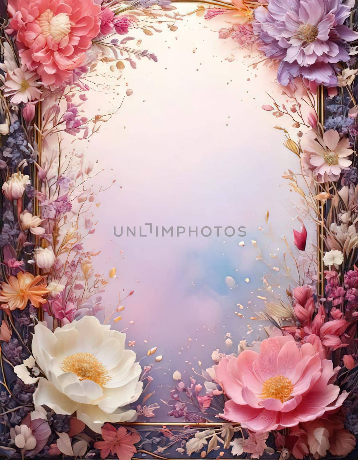 Breathtaking Beauty of Spring. Special Occasion Floral Template. Pastel Colors and Blank Space Floral Frame. Perfect Design for Invitations, Special Occasions and Celebrations. A delicate floral frame designed in soft pastel tones provides the perfect backdrop for invitations, cards, announcements or congratulatory messages. Featuring vibrantly colored flowers, this elegant yet simple design includes a large blank space in the center for adding text. Perfect for special occasions, wedding invitations, birthday cards or social media sharing.