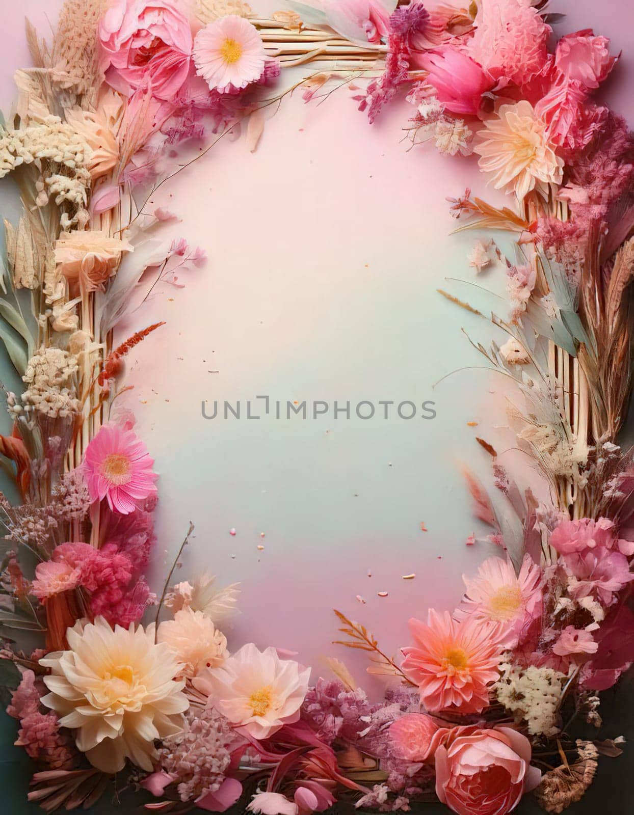 Breathtaking Beauty of Spring. Special Occasion Floral Template. Pastel Colors and Blank Space Floral Frame. Perfect Design for Invitations, Special Occasions and Celebrations. A delicate floral frame designed in soft pastel tones provides the perfect backdrop for invitations, cards, announcements or congratulatory messages. Featuring vibrantly colored flowers, this elegant yet simple design includes a large blank space in the center for adding text. Perfect for special occasions, wedding invitations, birthday cards or social media sharing.