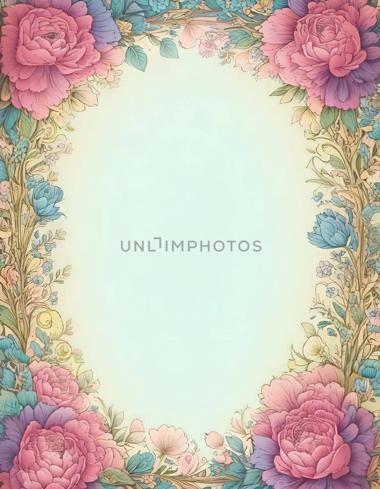 Breathtaking Beauty of Spring. Special Occasion Floral Template. Pastel Colors and Blank Space Floral Frame. Perfect Design for Invitations, Special Occasions and Celebrations. A delicate floral frame designed in soft pastel tones provides the perfect backdrop for invitations, cards, announcements or congratulatory messages. Featuring vibrantly colored flowers, this elegant yet simple design includes a large blank space in the center for adding text. Perfect for special occasions, wedding invitations, birthday cards or social media sharing.