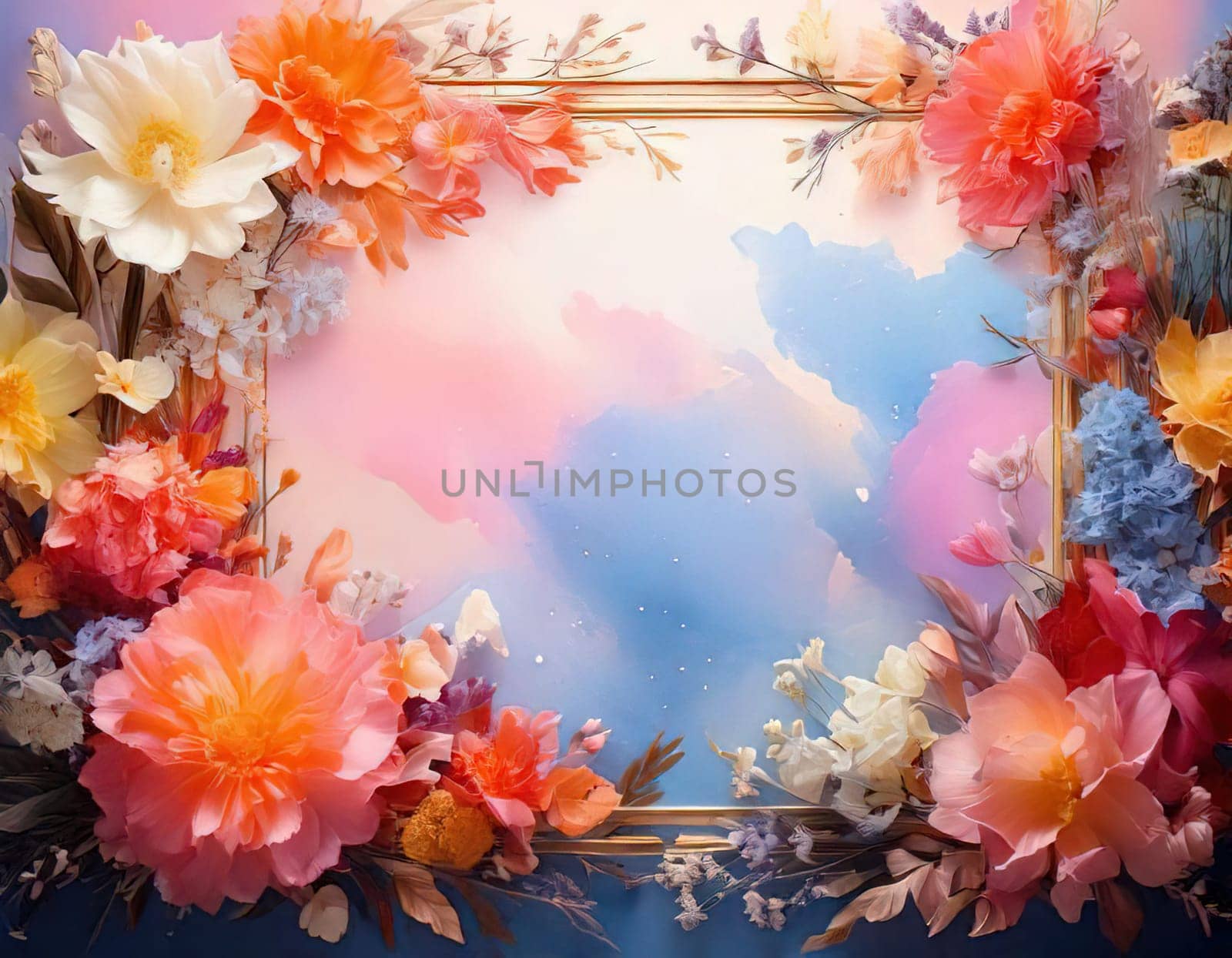 Breathtaking Beauty of Spring. Special Occasion Floral Template. Pastel Colors and Blank Space Floral Frame. Perfect Design for Invitations, Special Occasions and Celebrations. A delicate floral frame designed in soft pastel tones provides the perfect backdrop for invitations, cards, announcements or congratulatory messages. Featuring vibrantly colored flowers, this elegant yet simple design includes a large blank space in the center for adding text. Perfect for special occasions, wedding invitations, birthday cards or social media sharing.