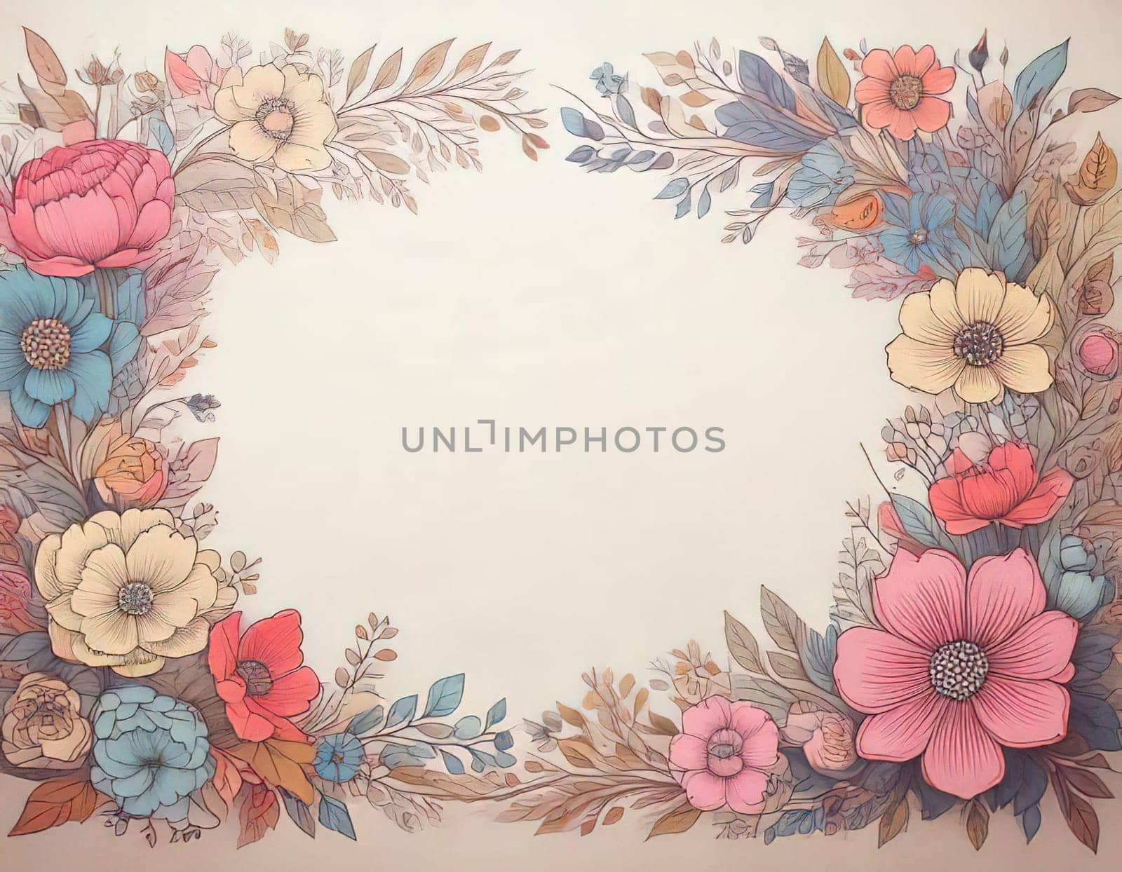 Breathtaking Beauty of Spring. Special Occasion Floral Template. Pastel Colors and Blank Space Floral Frame. Perfect Design for Invitations, Special Occasions and Celebrations. A delicate floral frame designed in soft pastel tones provides the perfect backdrop for invitations, cards, announcements or congratulatory messages. Featuring vibrantly colored flowers, this elegant yet simple design includes a large blank space in the center for adding text. Perfect for special occasions, wedding invitations, birthday cards or social media sharing.