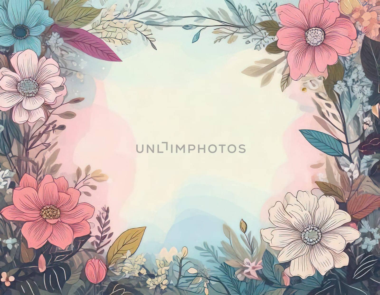 Breathtaking Beauty of Spring. Special Occasion Floral Template. Pastel Colors and Blank Space Floral Frame. Perfect Design for Invitations, Special Occasions and Celebrations. A delicate floral frame designed in soft pastel tones provides the perfect backdrop for invitations, cards, announcements or congratulatory messages. Featuring vibrantly colored flowers, this elegant yet simple design includes a large blank space in the center for adding text. Perfect for special occasions, wedding invitations, birthday cards or social media sharing.