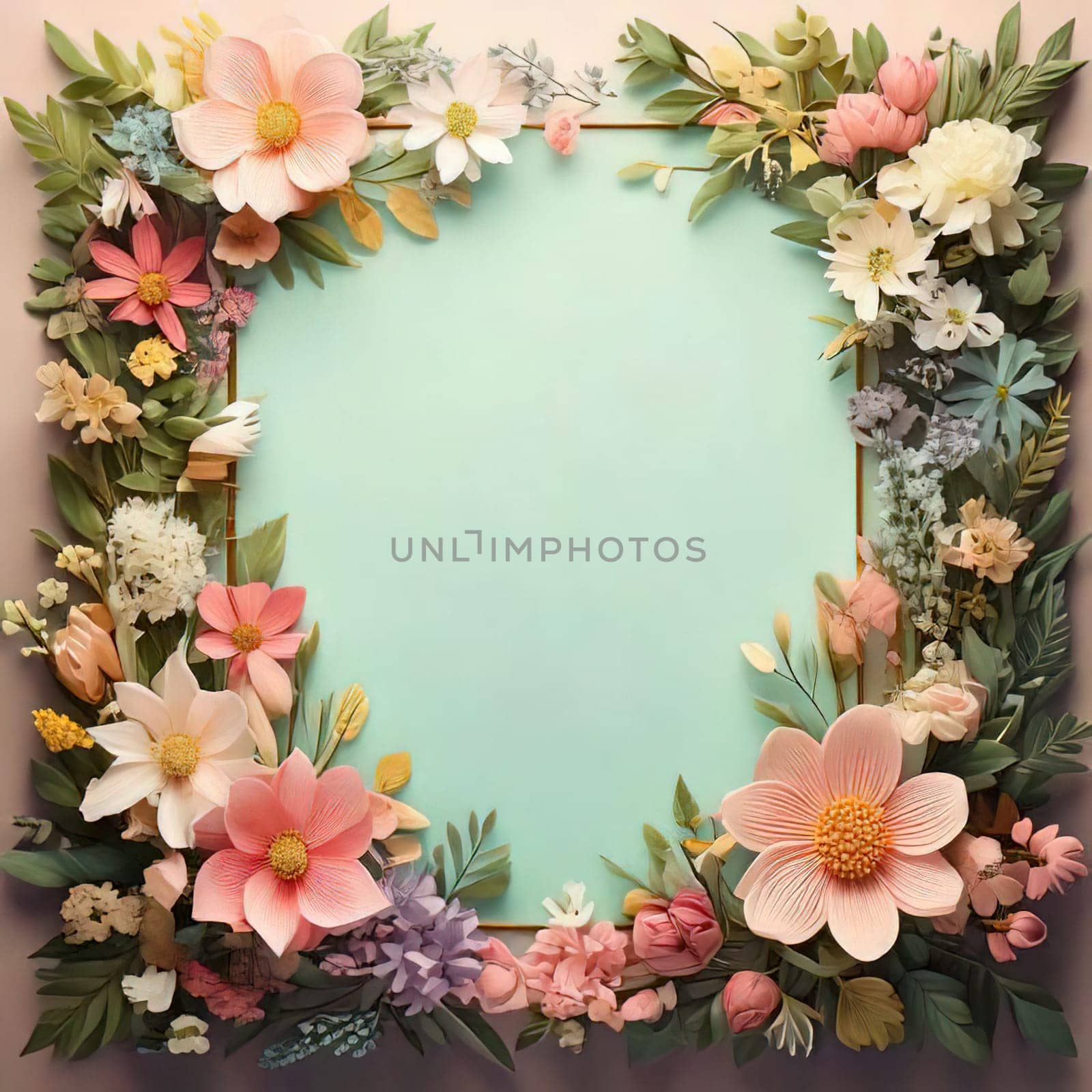 Breathtaking Beauty of Spring. Special Occasion Floral Template. Pastel Colors and Blank Space Floral Frame. Perfect Design for Invitations, Special Occasions and Celebrations. A delicate floral frame designed in soft pastel tones provides the perfect backdrop for invitations, cards, announcements or congratulatory messages. Featuring vibrantly colored flowers, this elegant yet simple design includes a large blank space in the center for adding text. Perfect for special occasions, wedding invitations, birthday cards or social media sharing.