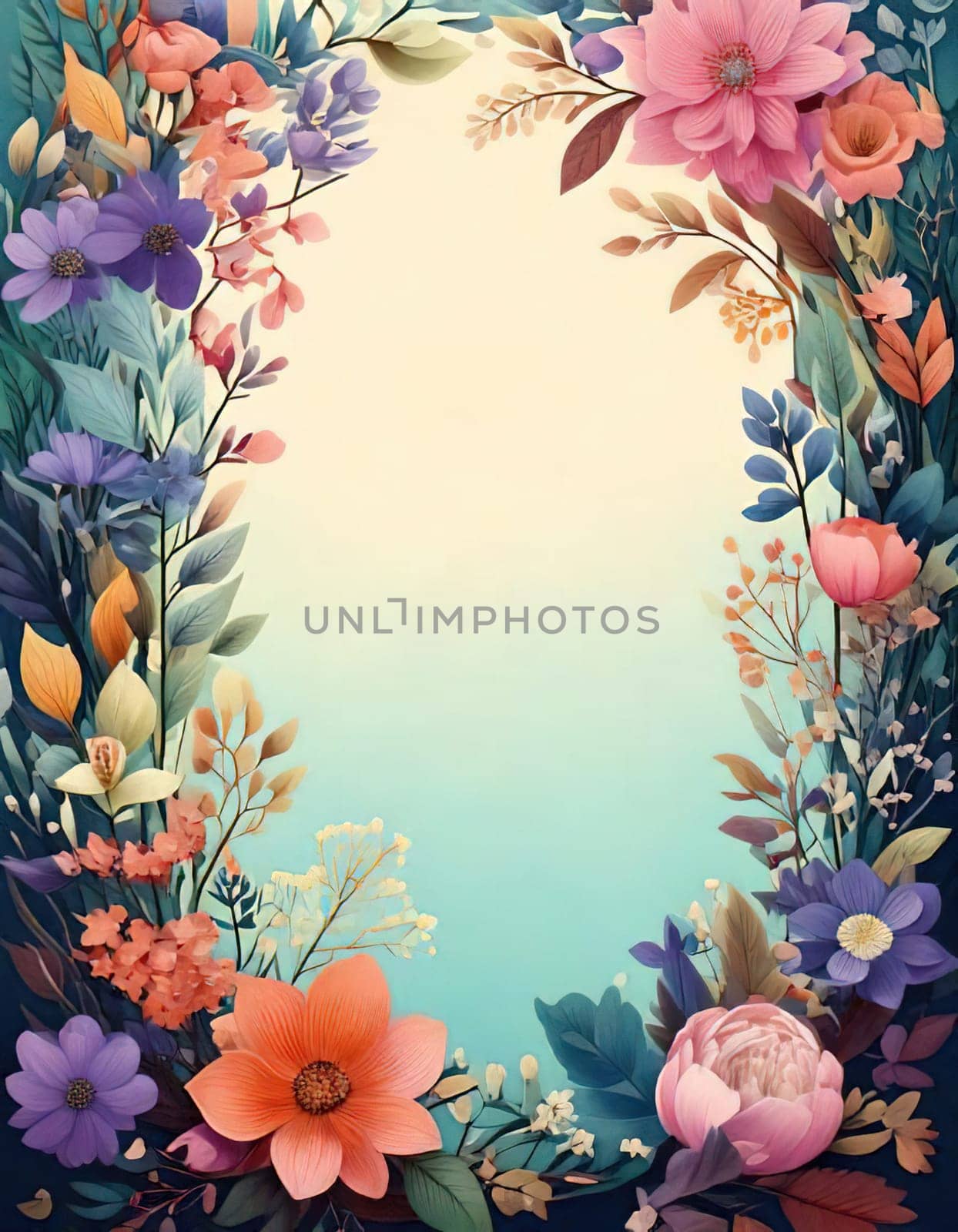 Breathtaking Beauty of Spring. Special Occasion Floral Template. Pastel Colors and Blank Space Floral Frame. Perfect Design for Invitations, Special Occasions and Celebrations. A delicate floral frame designed in soft pastel tones provides the perfect backdrop for invitations, cards, announcements or congratulatory messages. Featuring vibrantly colored flowers, this elegant yet simple design includes a large blank space in the center for adding text. Perfect for special occasions, wedding invitations, birthday cards or social media sharing.
