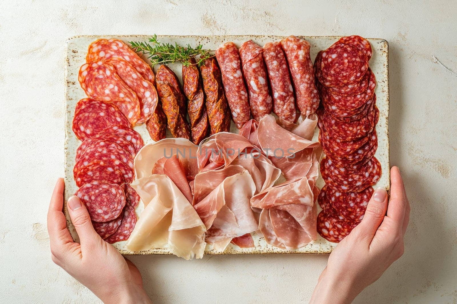 Woman hands holding plate presenting variety of processed meat products, from above
