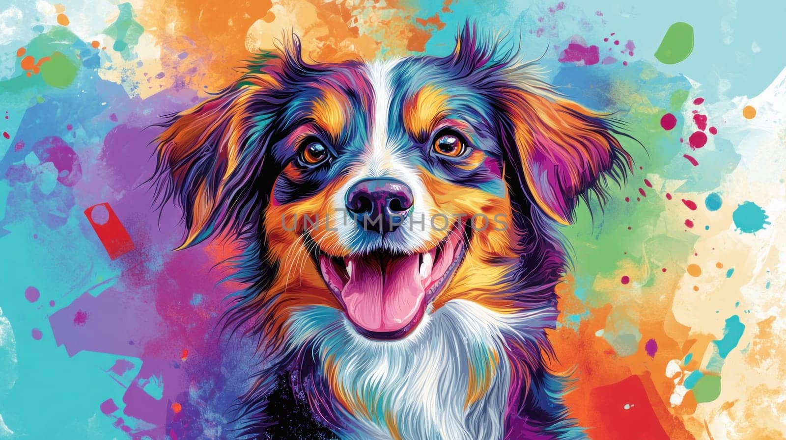 Colorful australian shepherd dog portrait is smiling with tongue out on an abstract background