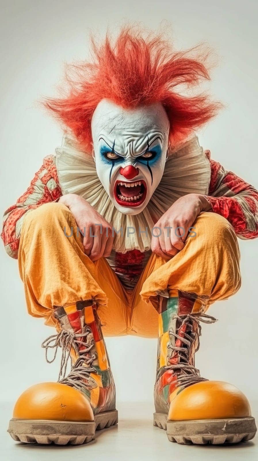 Scary clown is crouching while screaming and wearing a colorful costume