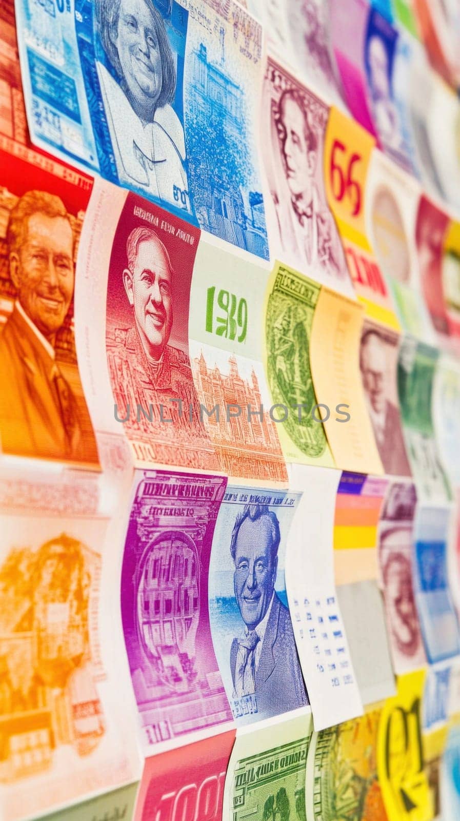 Colorful banknotes from around the world are overlapping to form an abstract background design