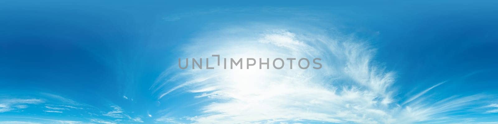 sky panorama with bright glowing Cirrus clouds. HDR 360 seamless spherical panorama. Full zenith or sky dome for 3D visualization, sky replacement for aerial drone panoramas. by Matiunina