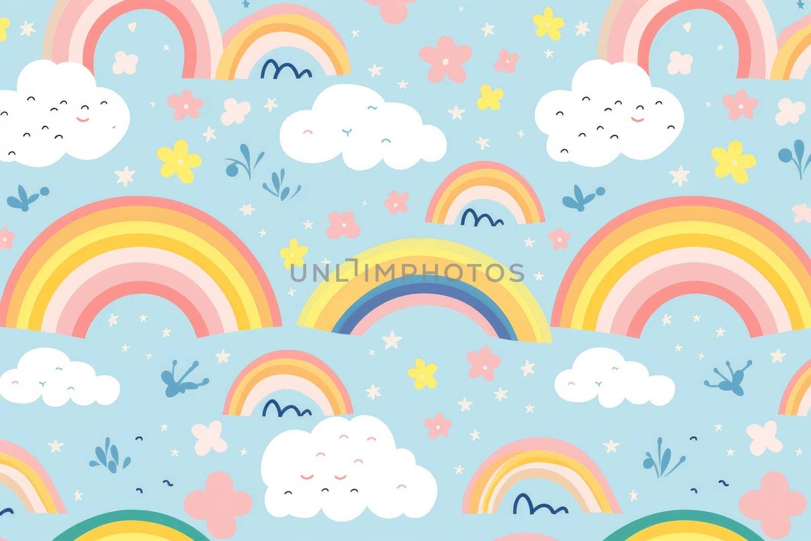 Cute rainbow on pattern background. Generative AI by itchaznong