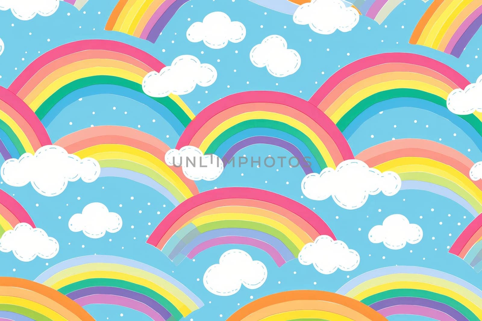 Cute rainbow on pattern background. Generative AI by itchaznong