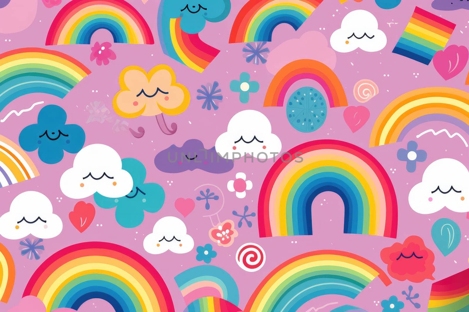 Cute rainbow on pattern background. Generative AI by itchaznong