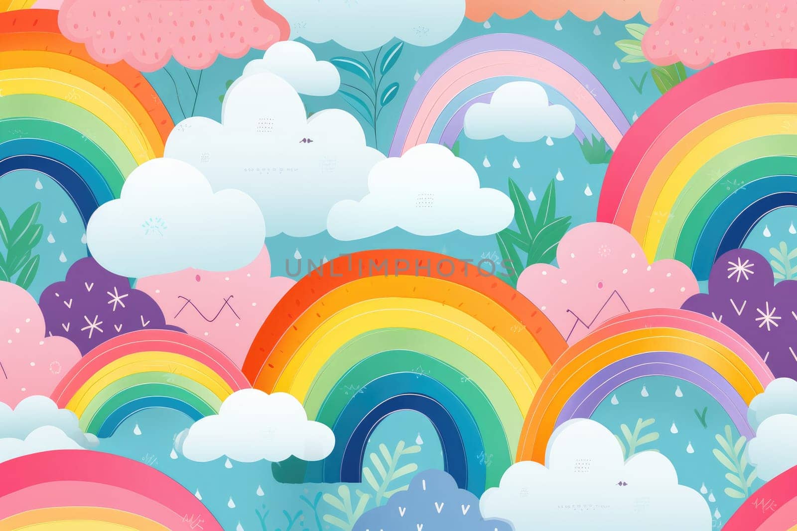 Cute rainbow on pattern background. Generative AI by itchaznong