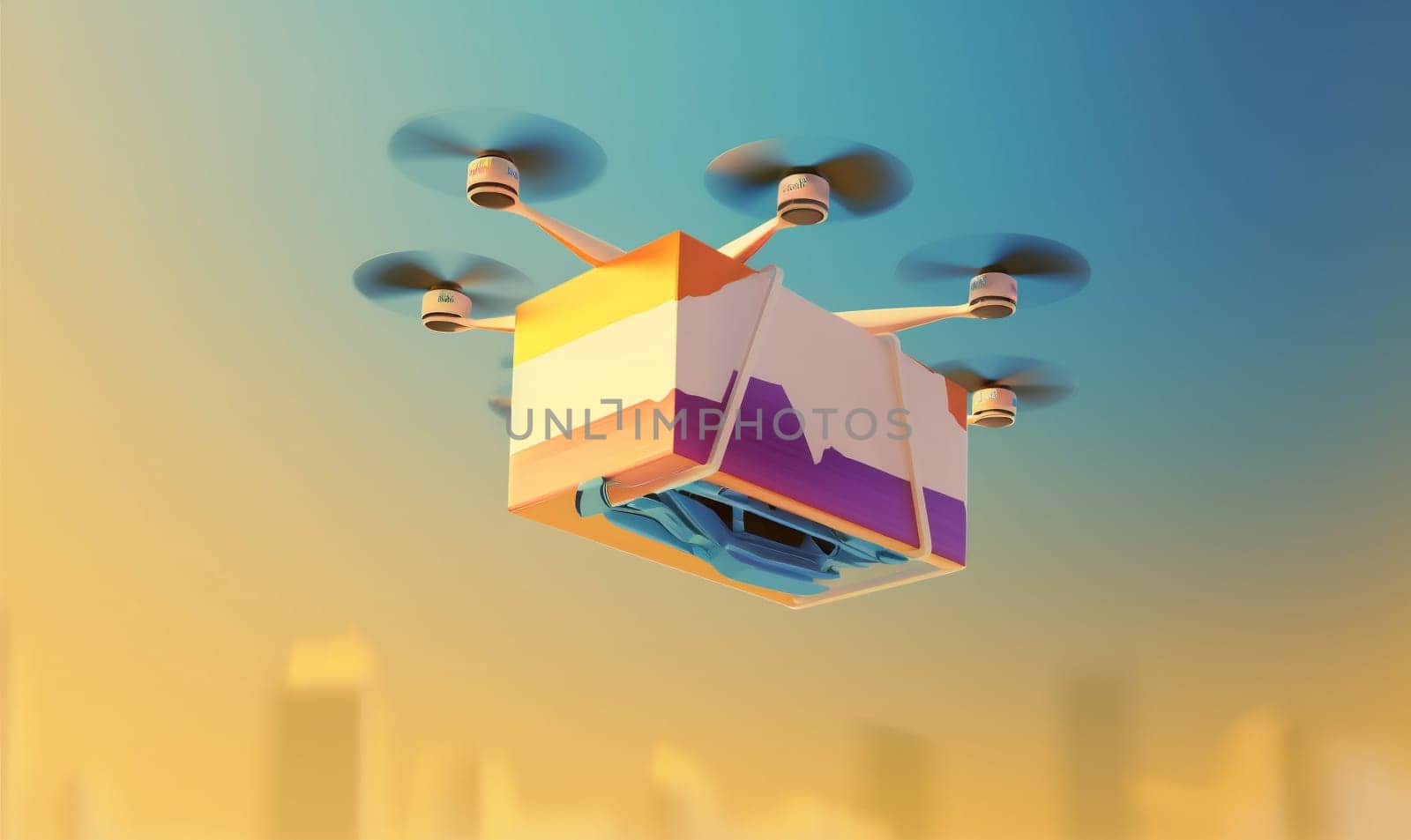 fly air aircraft shipment propeller parcel fast blue box cardboard remote technology drone cargo service helicopter package concept aerial delivery. Generative AI.