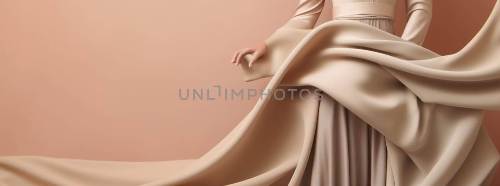 flow woman silk fashion fabric beauty beige flowing wind background flying dress. Generative AI. by Vichizh