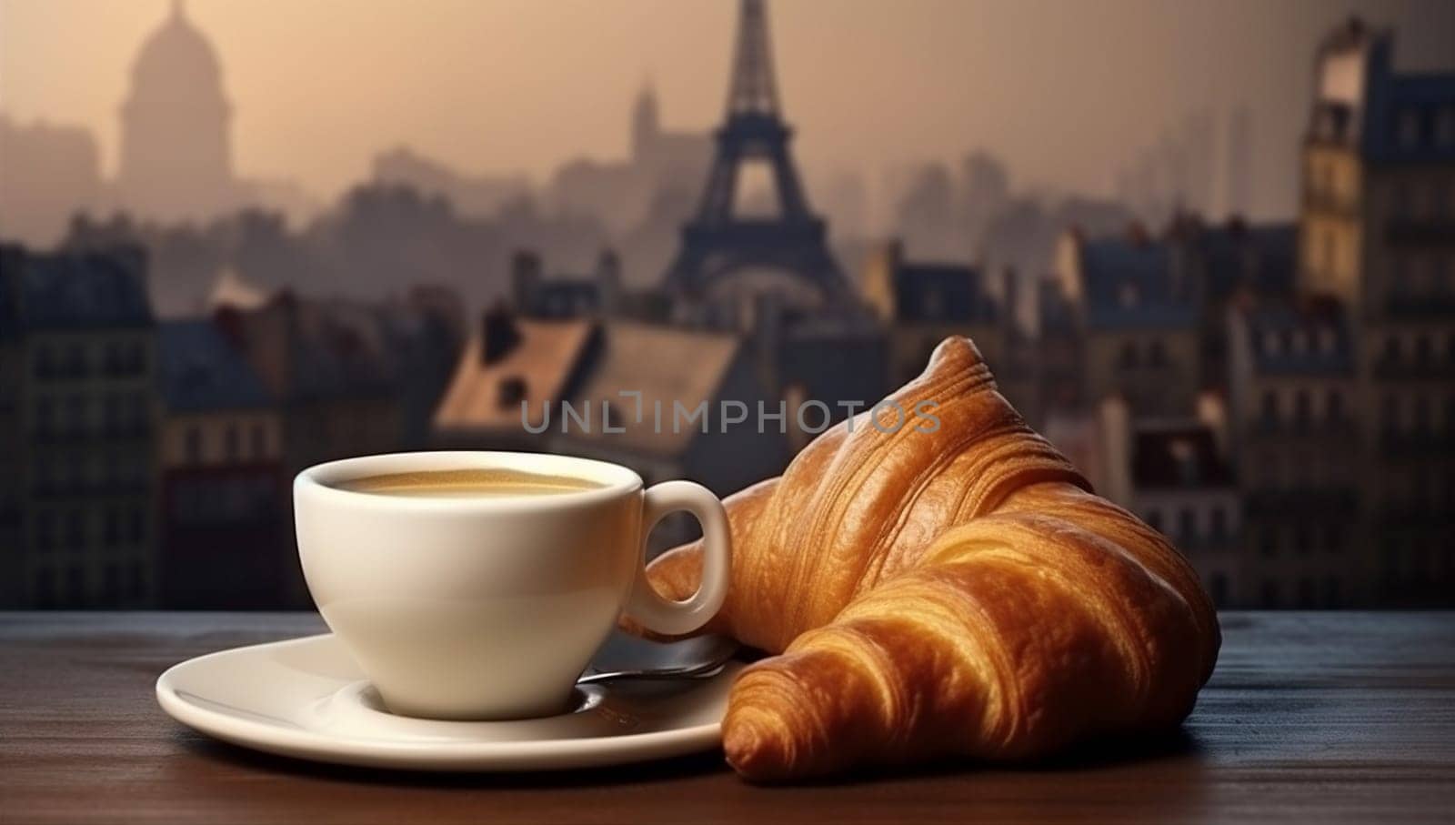 white europe breakfast fresh paris eiffel bar drink france cup bakery delicious retro croissant tower french nobody travel plate food table. Generative AI.
