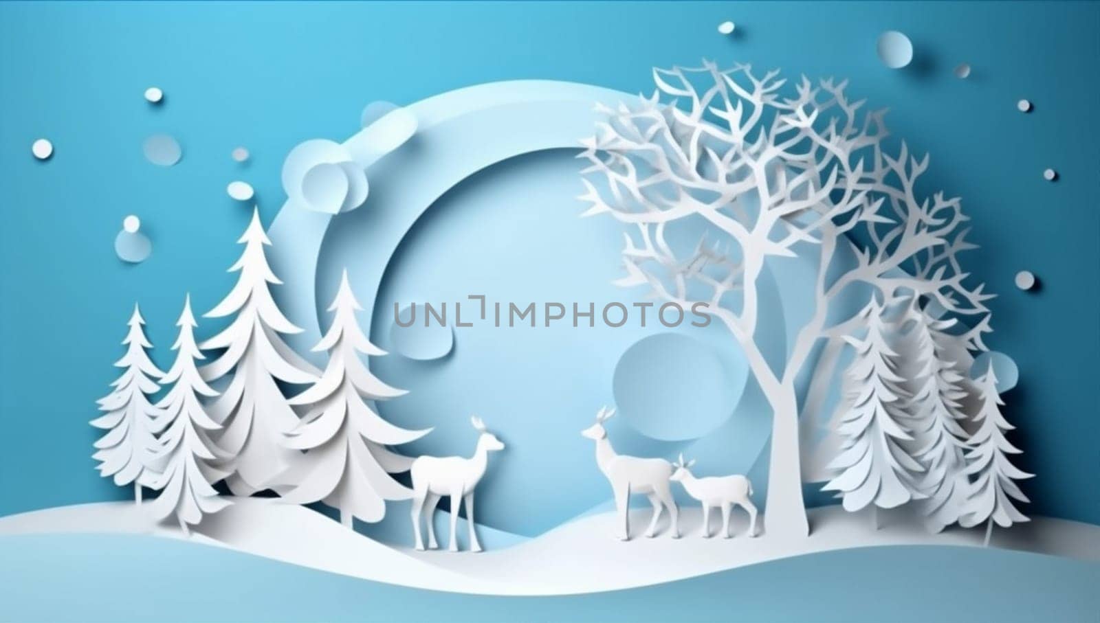 design merry art blue background new paper new snowflakes tree cardboard cut decoration holiday card year christmas illustration happy origami winter concept. Generative AI.