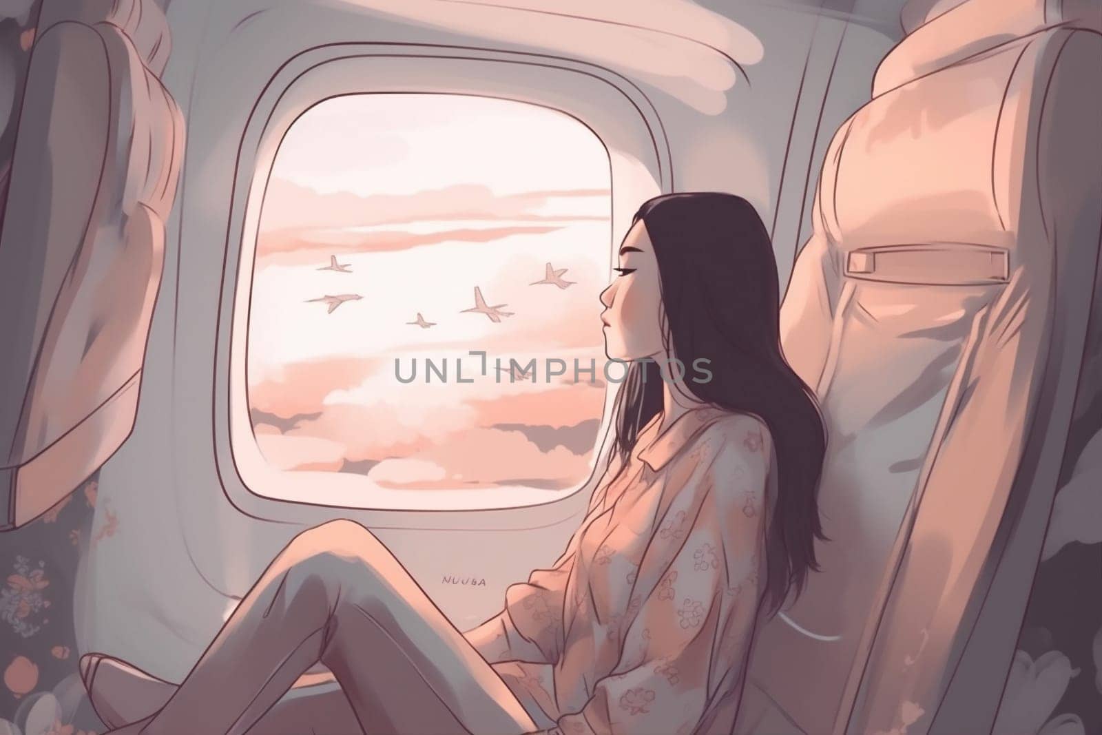 transportation woman flight window seat sitting plane passenger trip character journey. Generative AI. by Vichizh