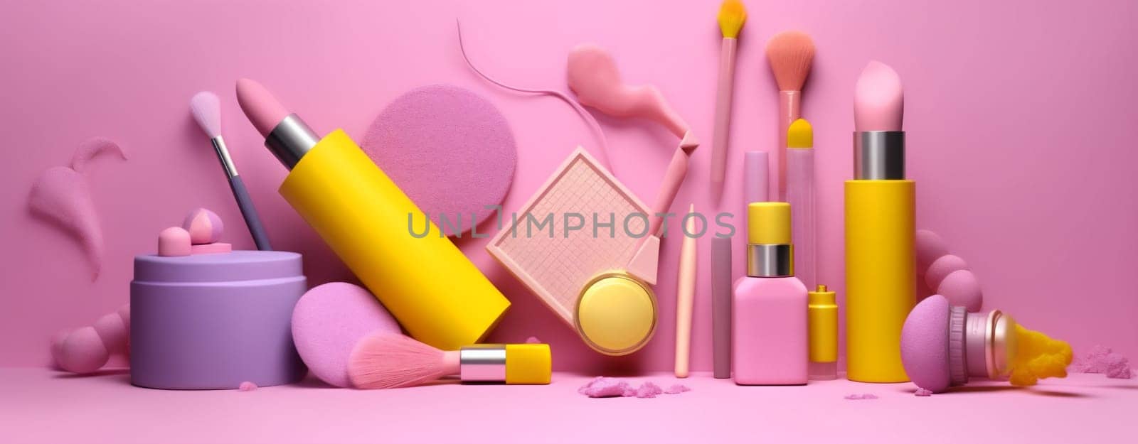 decorative woman object brush collection white accessory product composition isolated concept female pink facial layout cosmetic background beauty skincare fashion gold. Generative AI.