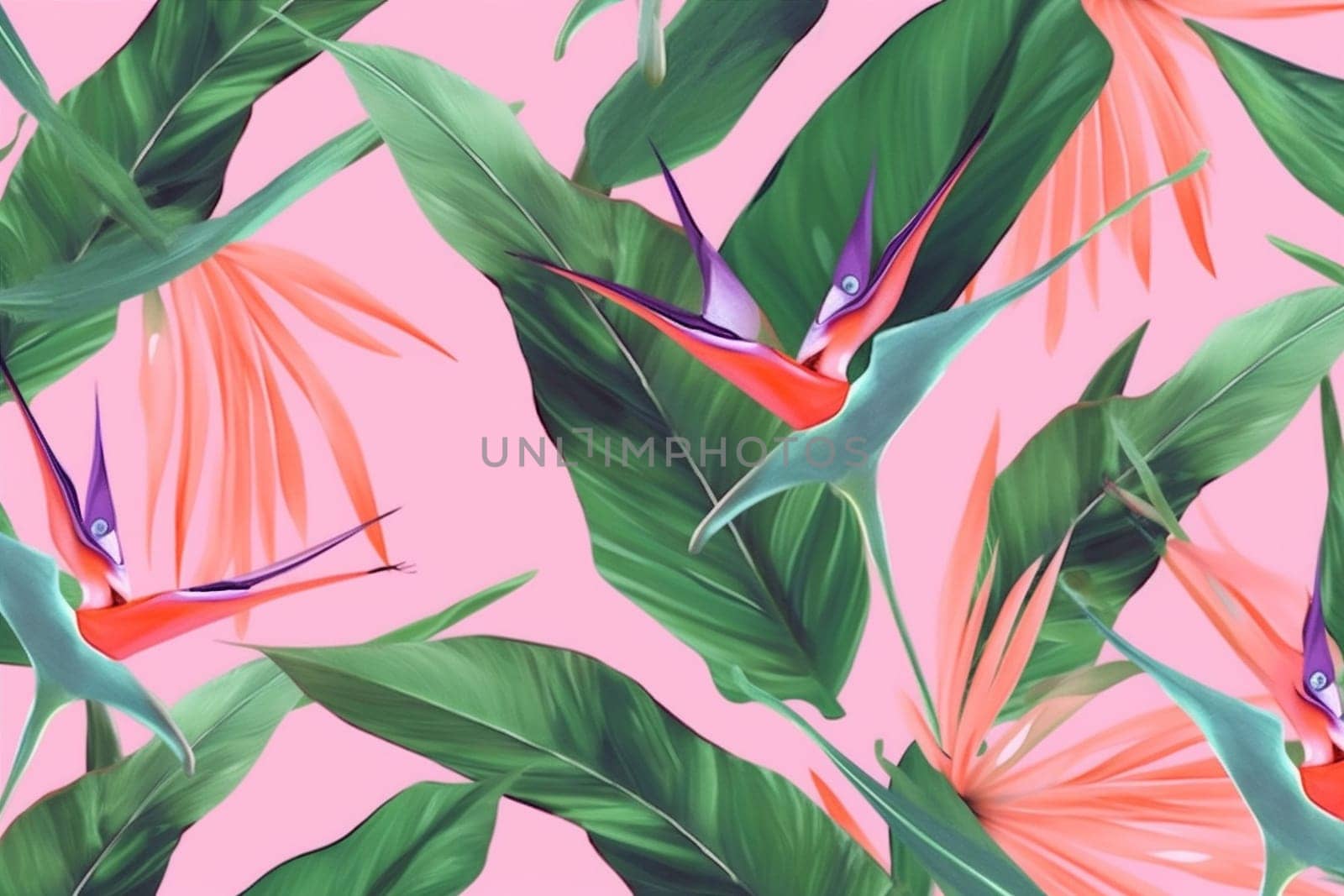 orange leaf trendy seamless colorful jungle tropical pink flower pattern. Generative AI. by Vichizh