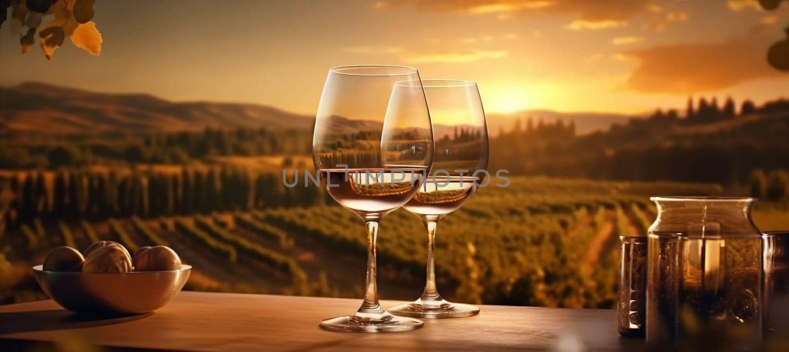 glass sunset wine drink grape winery beverage barrel bottle alcohol. Generative AI. by Vichizh