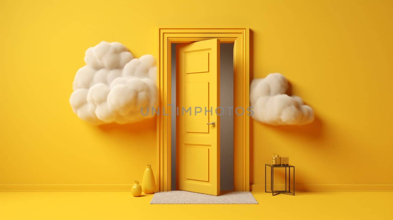 isolated window air object wall showcase cylinder cloud levitation nobody stage door room blank podium pedestal minimal abstract yellow modern. Generative AI.