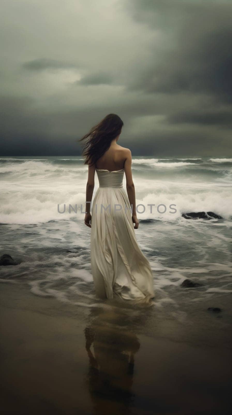 woman beauty sky beach dramatic white young sea wave outdoors poster storm tropical dress freedom summer ocean cloud model sunlight nature. Generative AI.