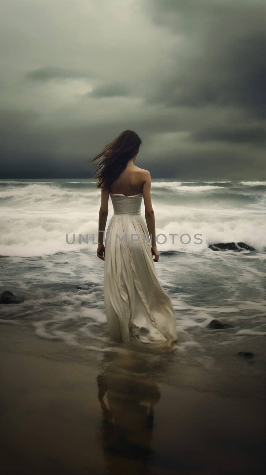 woman ocean cloud summer nature beach sea dress sky storm sunlight. Generative AI. by Vichizh