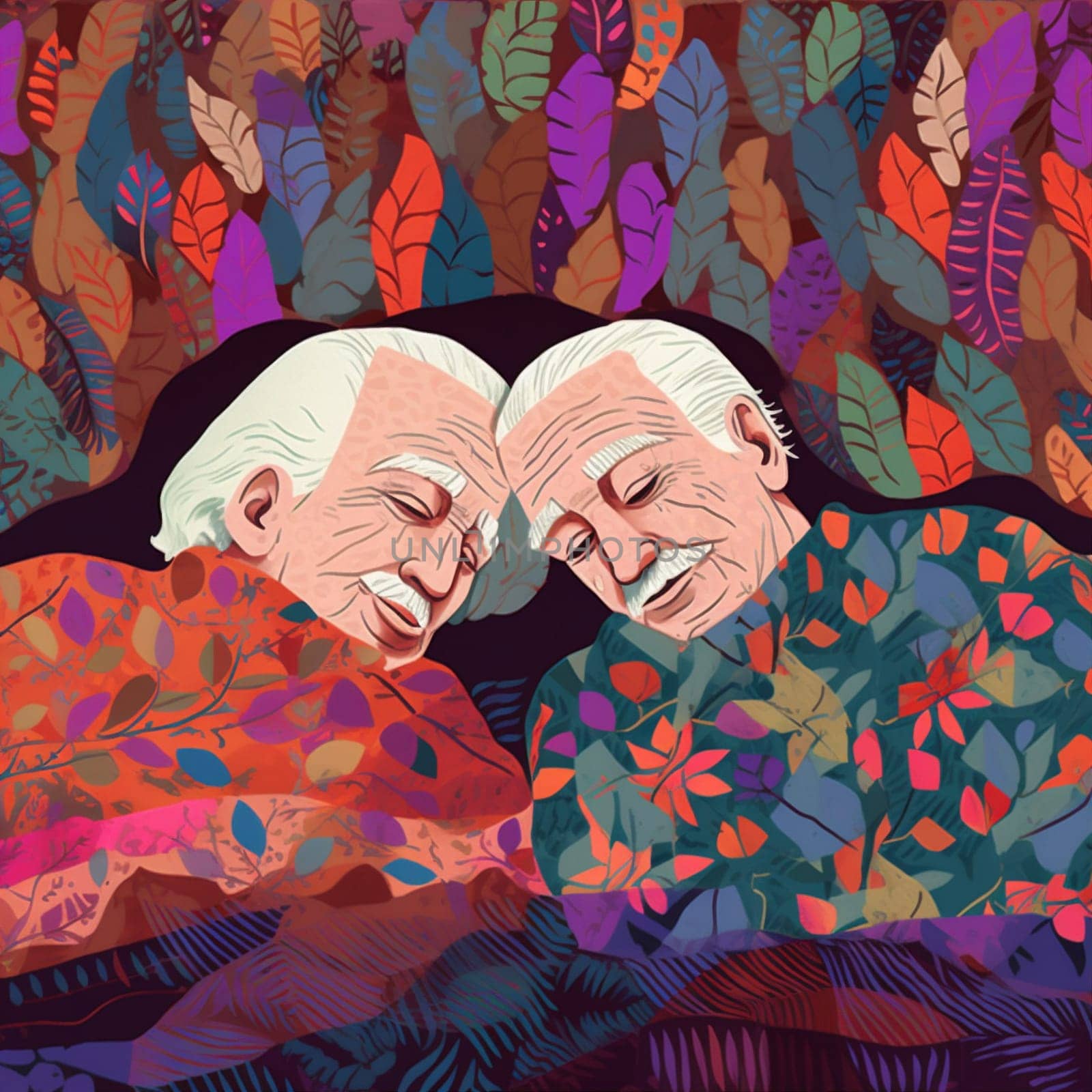 woman man lying mature asleep bed character retired senior love grandfather happiness illustration sleep old married couple flowers wife home happy together. Generative AI.