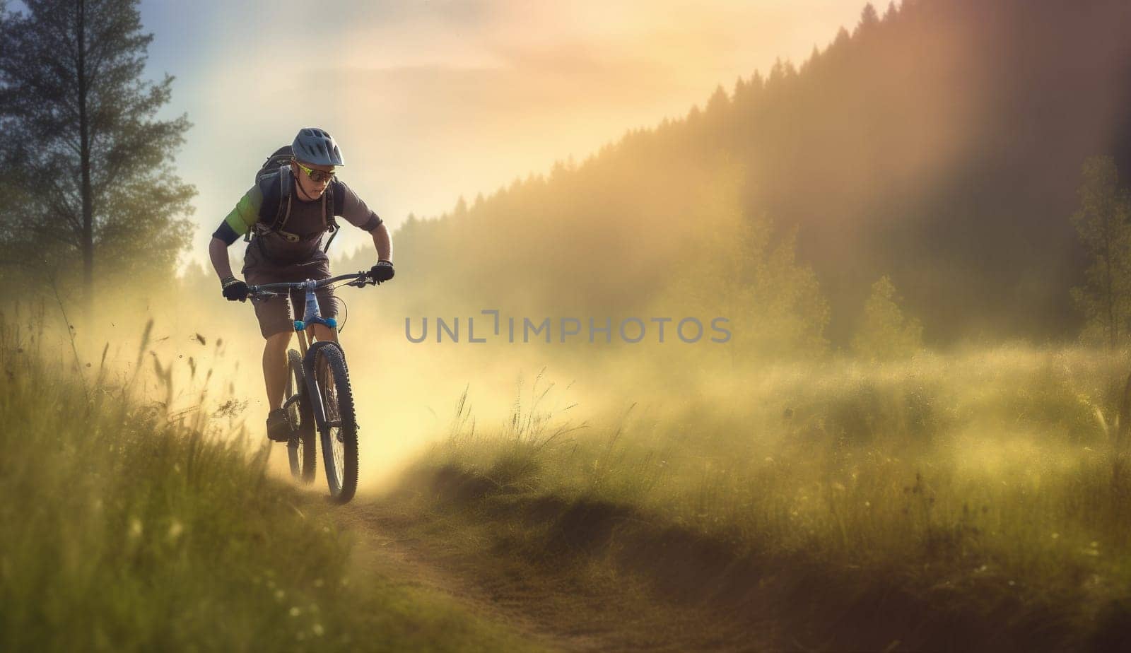 woman healthy cycling forest walking sport summer bike bicycle dark sunset. Generative AI. by Vichizh