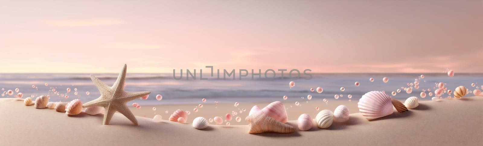 banner sea beach tropical ocean nature holiday summer shell sand. Generative AI. by Vichizh