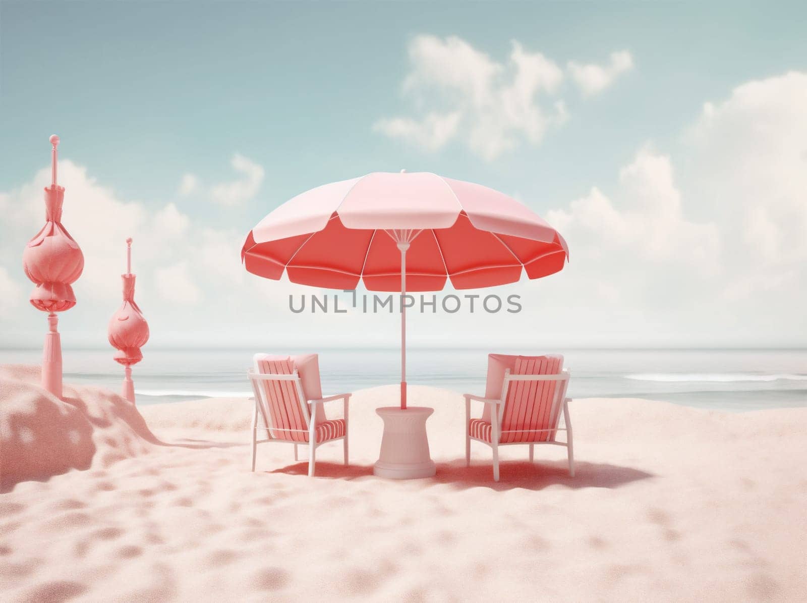 pink chair summer sand vacation parasol holiday umbrella retro sun. Generative AI. by Vichizh